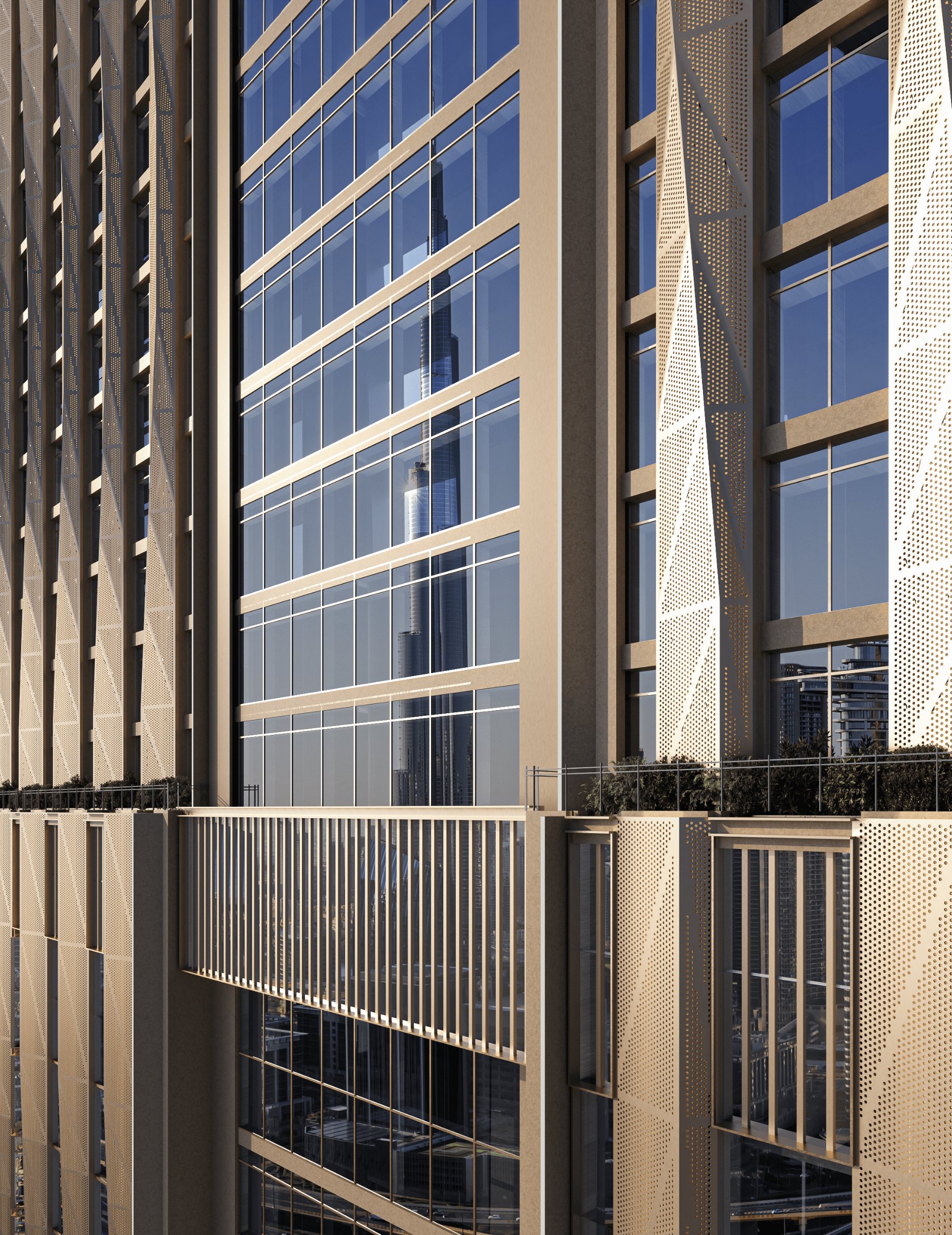 Perforated dune-pattern facade with Burj Khalifa reflected