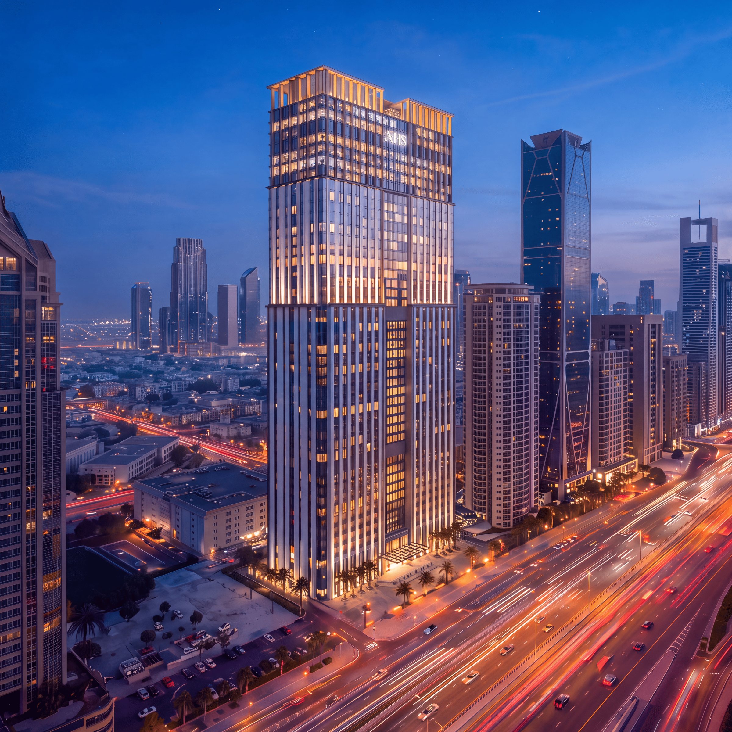 AHS Twin Towers above Sheikh Zayed Road at dusk